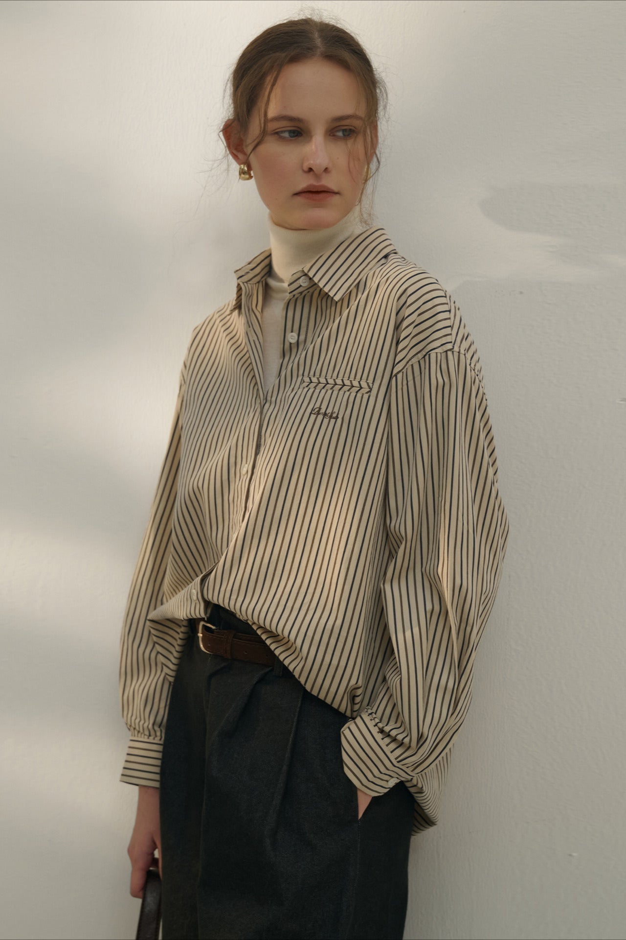Color Block Stripe Collar Cotton Blouse