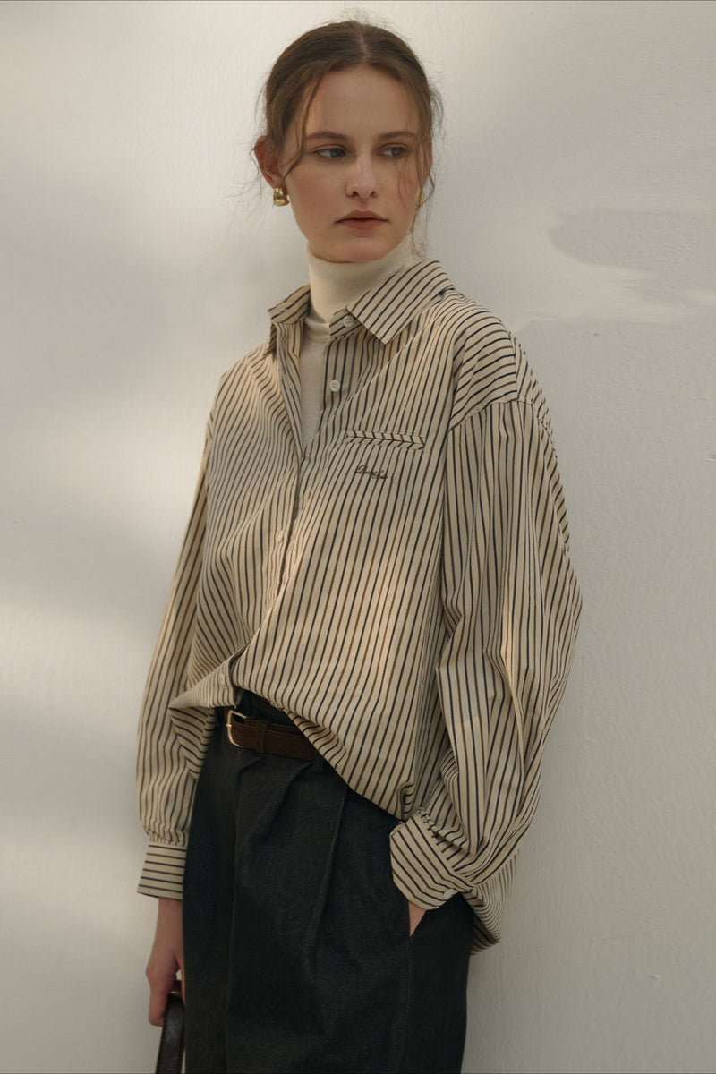 Color Block Stripe Collar Cotton Blouse