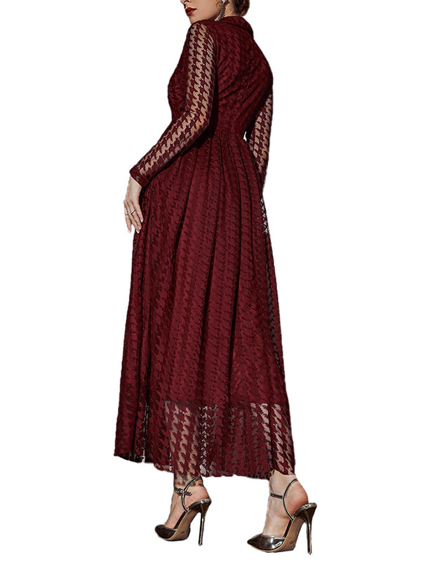 High Waisted Long Sleeves Buttoned Gauze See-through Color V-neck Maxi Dresses
