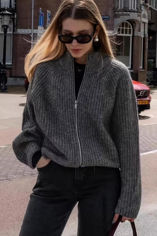 Minimalist Color Double Zipper Stand Collar Sweater