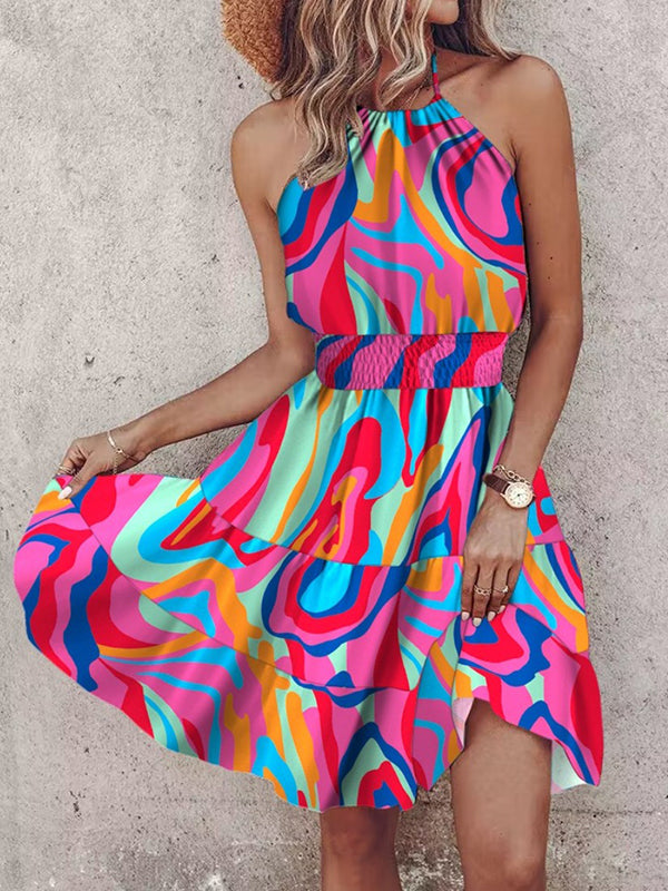 Loose Sleeveless Color-block Contrast Color Elasticity Split-joint Halter-neck Mini Dresses