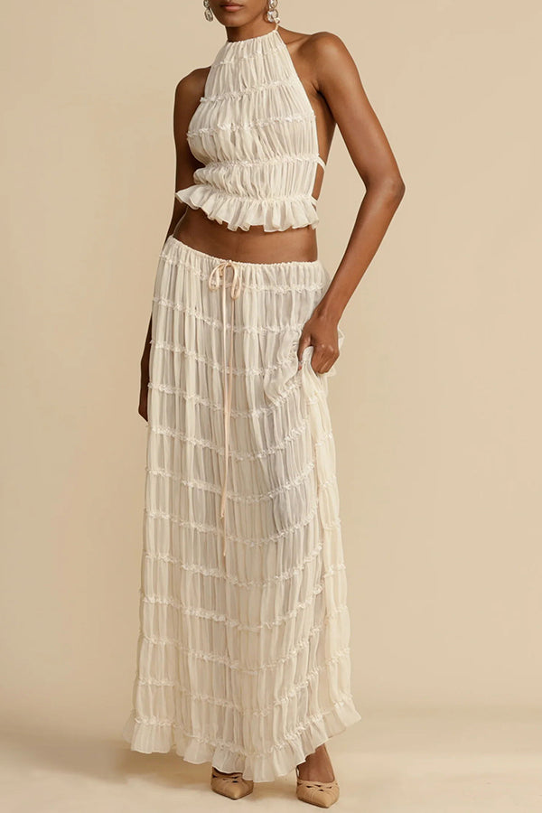 Versatility and Charm Pleated Drawstring Waist Tiered Maxi Skirt