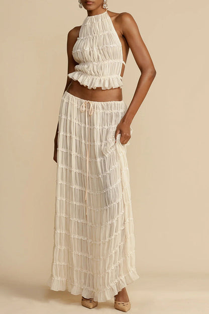 Versatility and Charm Pleated Drawstring Waist Tiered Maxi Skirt