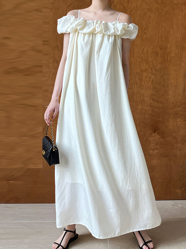 Loose Sleeveless Elasticity Pleated Color Split-joint Off-the-shoulder Maxi Dresses