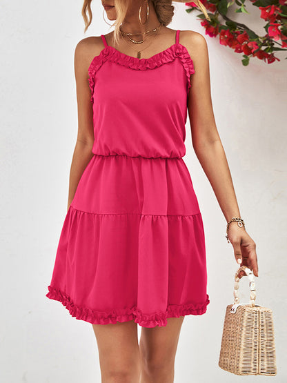 Loose Sleeveless Falbala Color Spaghetti-neck Mini Dresses