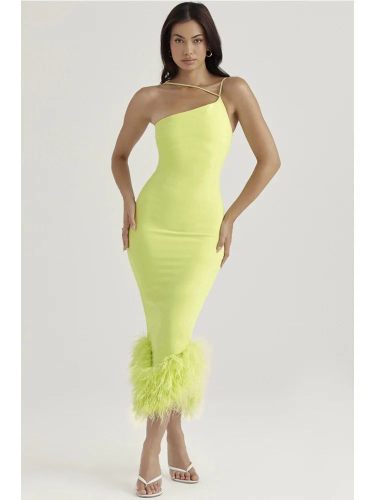 Spaghetti Strap Feather Midi Dress for Robe Backless Bodycon Club Party Dress Vestido