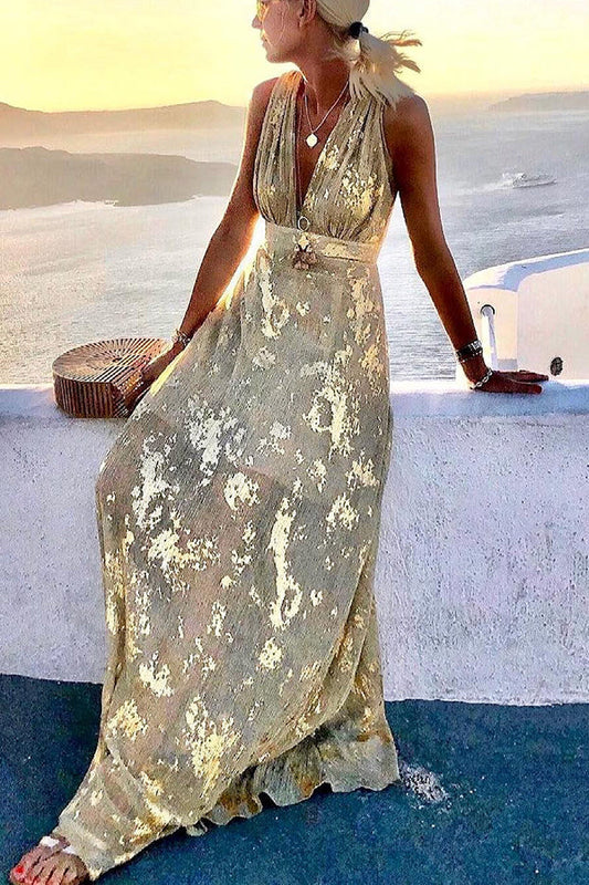 Vacation Style Waist Shaping Slim Figure Party V-neck Long Dress