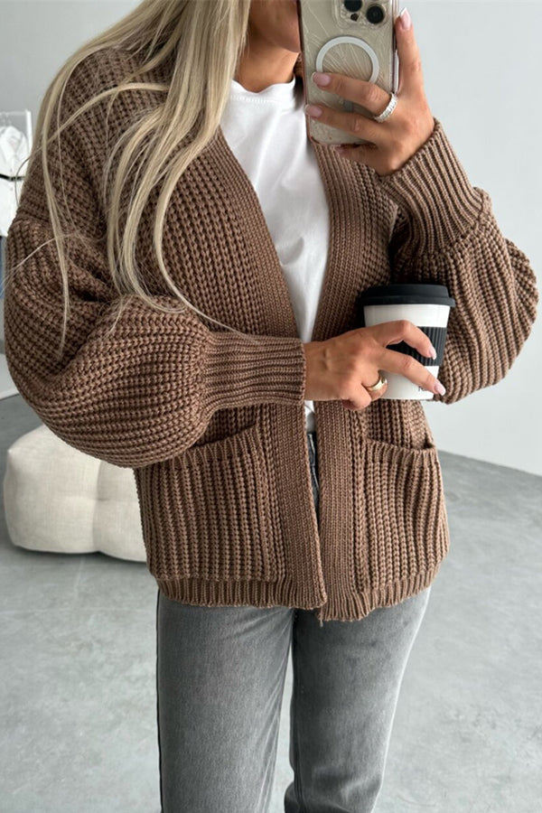 Color V-neck Long-sleeved Knitted Cardigan