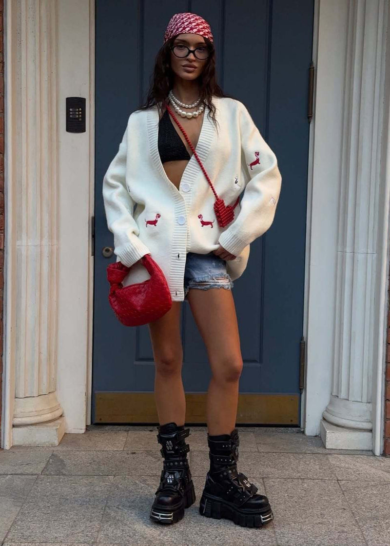 Oversized Dachshund Embroidered Cardigan – Knit Sweater