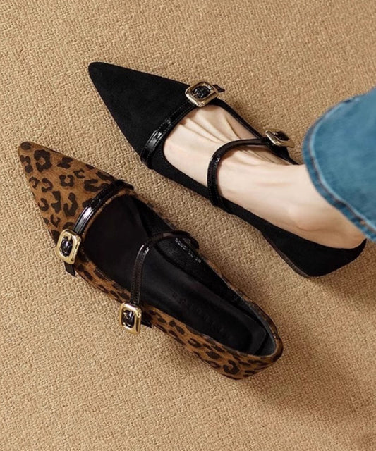 Black Buckle Strap Splicing Flat Feet Shoes Pointed Toe