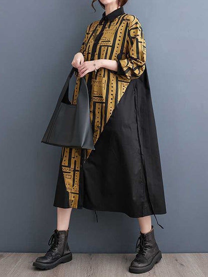 A-line Long Sleeves Asymmetric Contrast Color Printed Warp Knitting Lapel Midi Dresses Shirt Dress