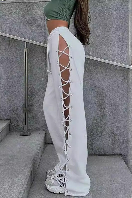 Side Slit Tie Cutout Wide Leg Pants