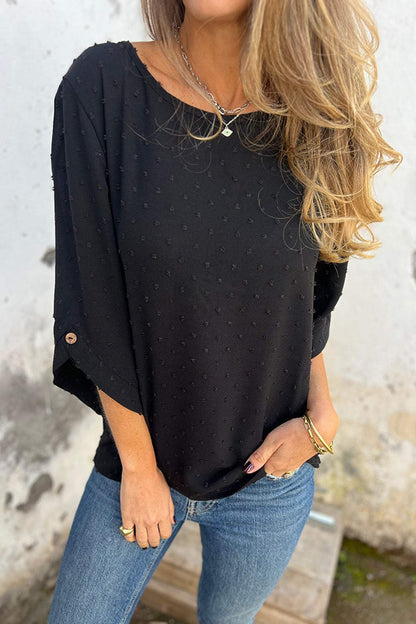 Kaitlin Chiffon Jacquard Button Half Sleeve Loose Blouse