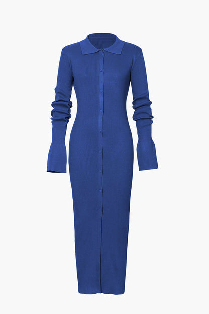 Color Shell Sleeve Ribbed Buttons Down Maxi Dress