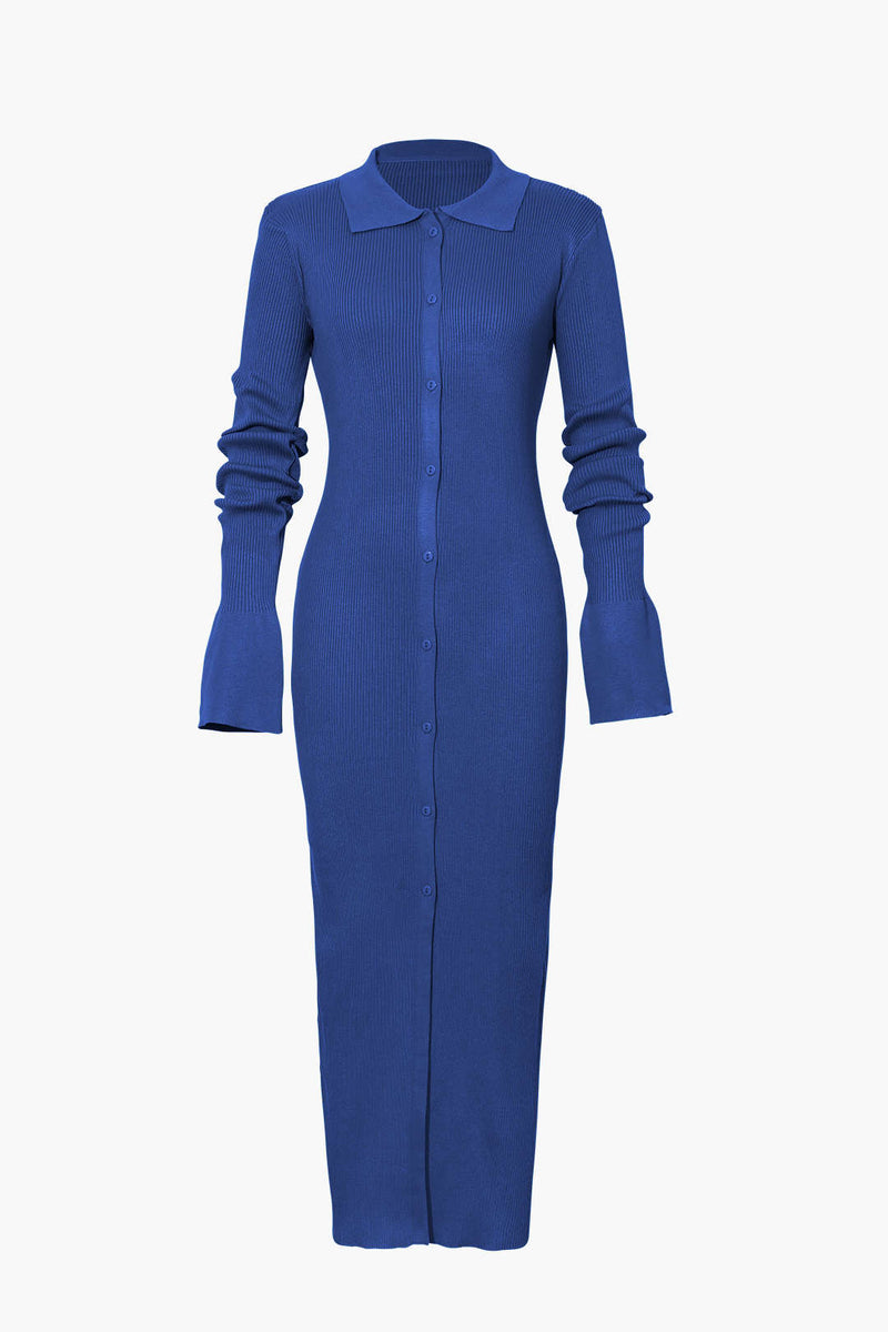 Color Shell Sleeve Ribbed Buttons Down Maxi Dress