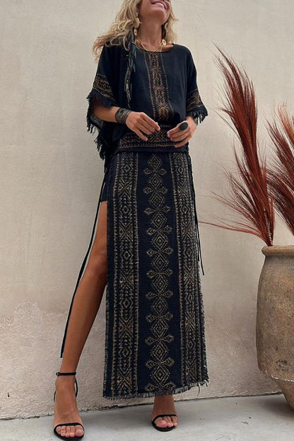 Alana Linen Blend Print Patchwork Side Lace-up Maxi Skirt