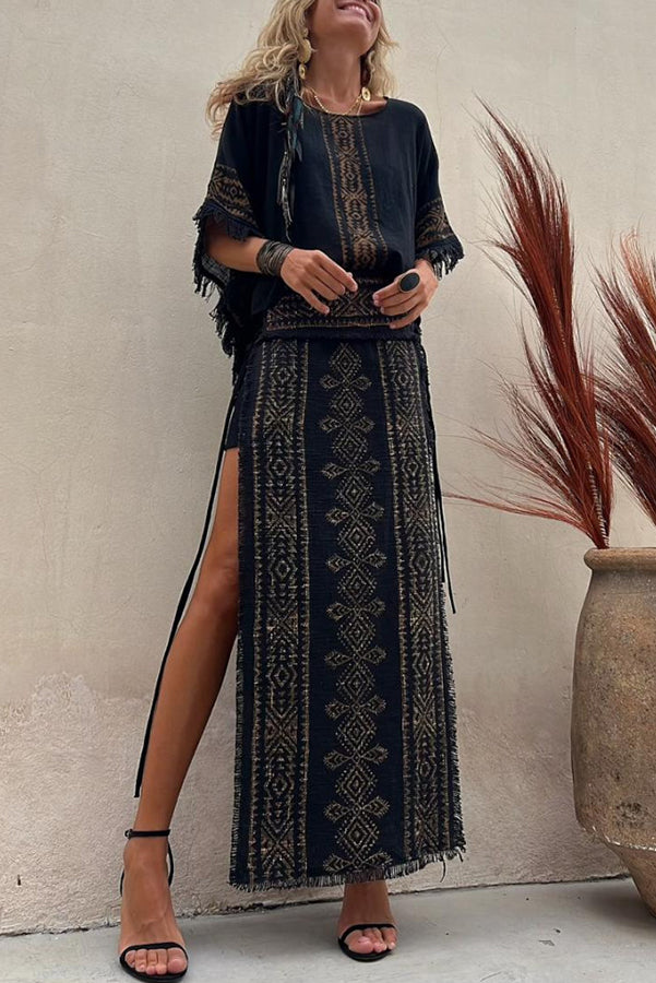 Alana Linen Blend Print Patchwork Side Lace-up Maxi Skirt