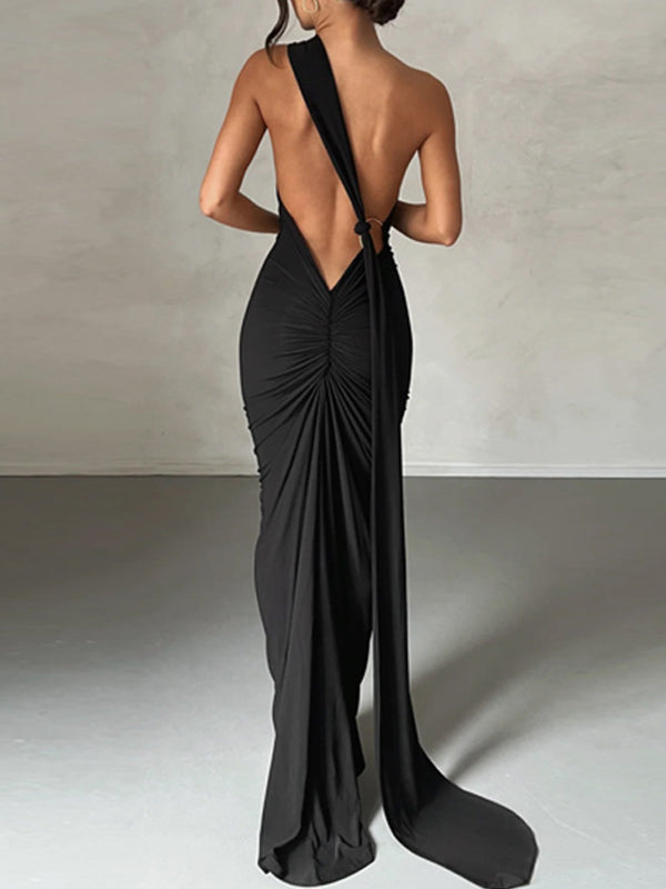 Black Backless Pleated Slim Fit Sleeveless Maxi Dress