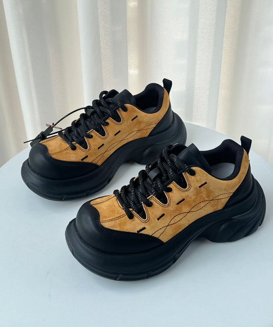 Yellow Lace Up Suede Splicing Platform Flat Shoes