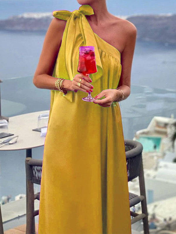 A-line Loose Asymmetric Pleated Color Tied One-shoulder Maxi Dresses