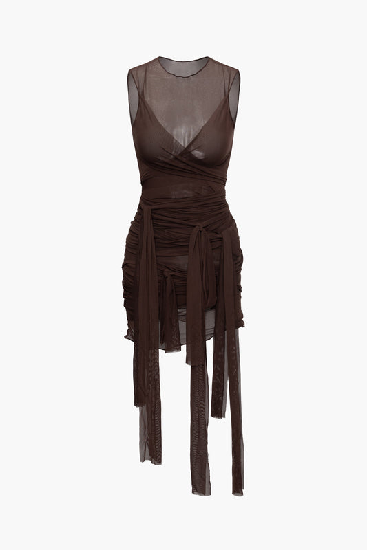 Color Sheer Mesh Wrap Tie Ribbon Mini Dress