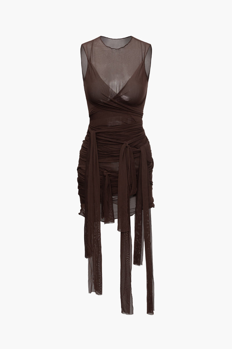 Color Sheer Mesh Wrap Tie Ribbon Mini Dress