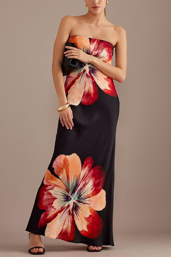 Charming Strapless Waist Cinching Satin Printed Lace Up Loose Long Dress