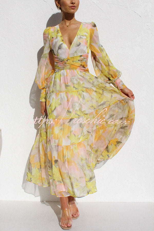 Olena Abstract Balloon Sleeves Maxi Dress (the Back Is Stretchy)