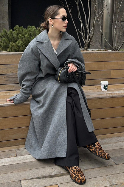 Longline Wool Blend Tie Waist Loose Overcoat