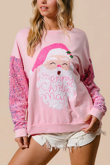Christmas Loose Round Neck Sequined Sleeve Sweatshirt