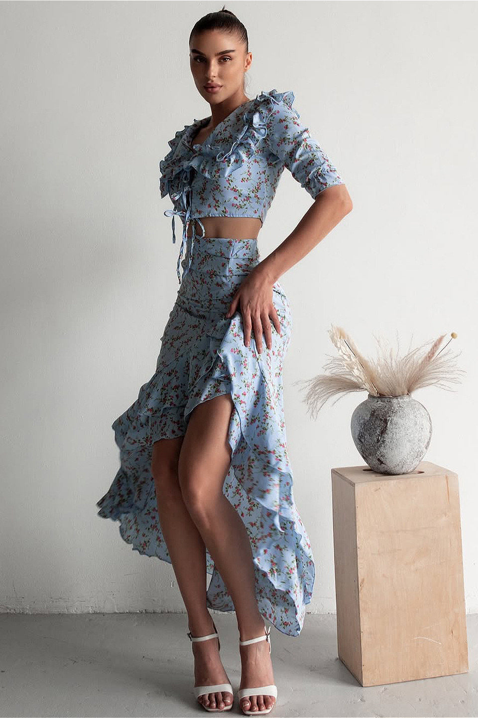 Light Blue Ruffled Split Midi Skirt Two Piece Set