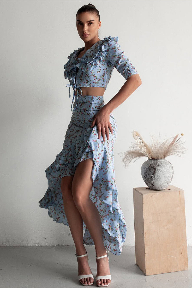 Light Blue Ruffled Split Midi Skirt Two Piece Set
