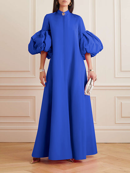 Loose Flower Shape Color Stand Collar Lantern Sleeves Maxi Dresses