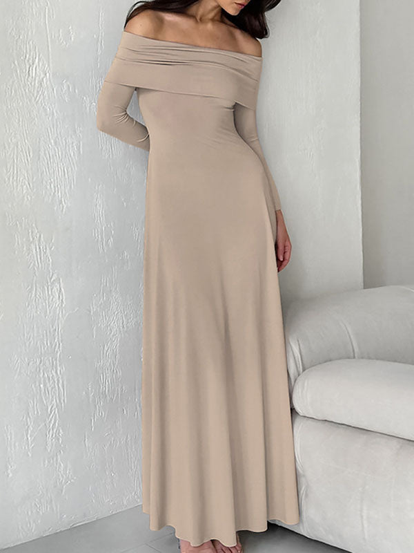 High Waisted Long Sleeves Color Off-the-shoulder Maxi Dresses