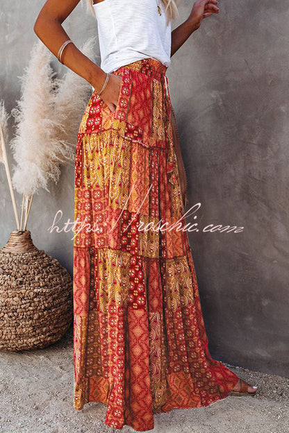 Print Stretch Elastic Waist Pocket High Waist Skirt