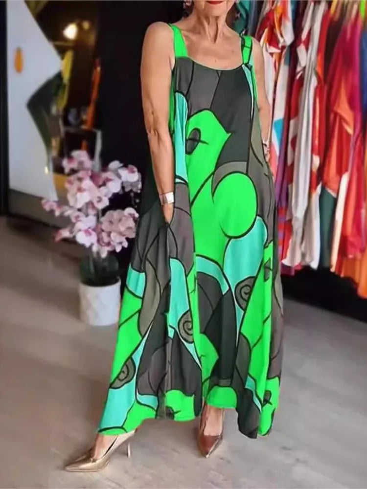 Print Spaghetti Strap Dresses Pocket Loose Long Dress Lady Commuting Clothing Maxi Vestidos Summer New