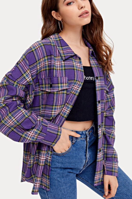 Plaid Stand Collar Button Shirt Blouse