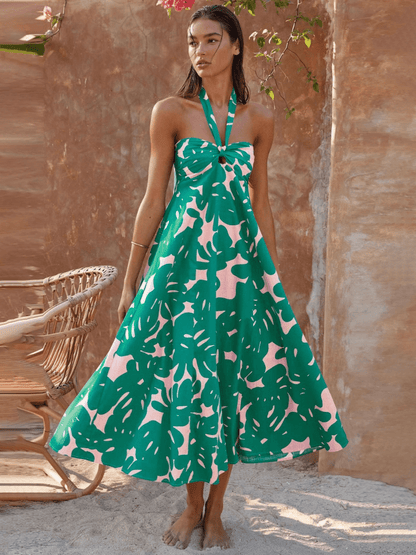 Loral Print Halter Maxi Dress-green