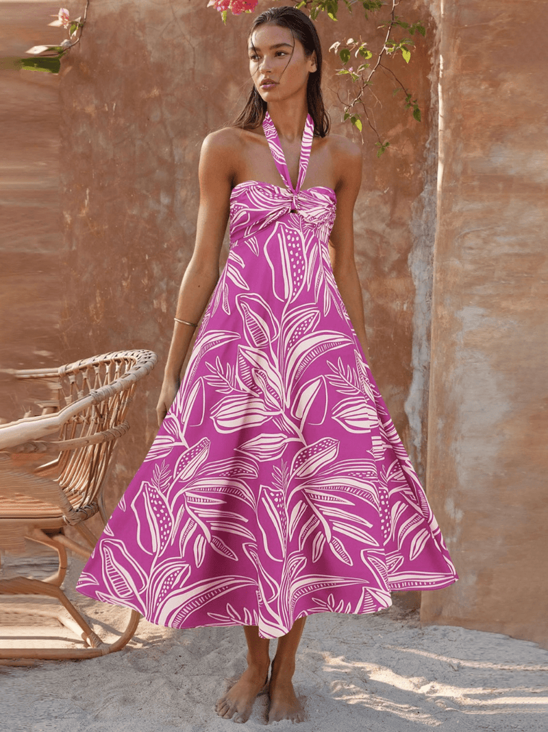 Loral Print Halter Maxi Dress-pink