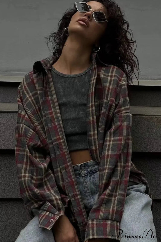 Plaid Lapel Shirt Blouse