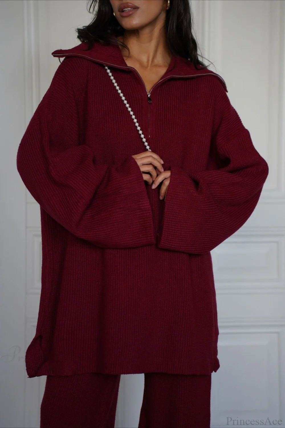 Angora Red Half-zip Knit Two Piece Set