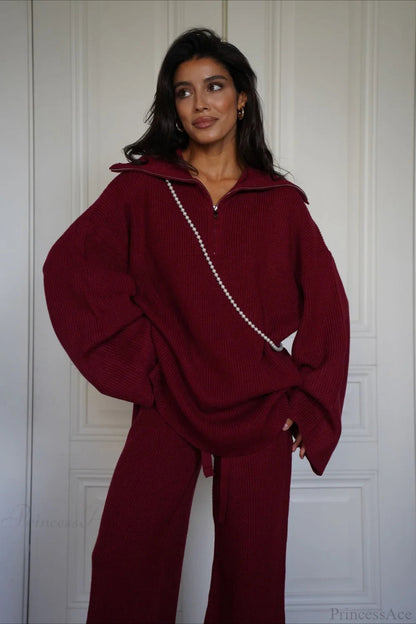 Angora Red Half-zip Knit Two Piece Set
