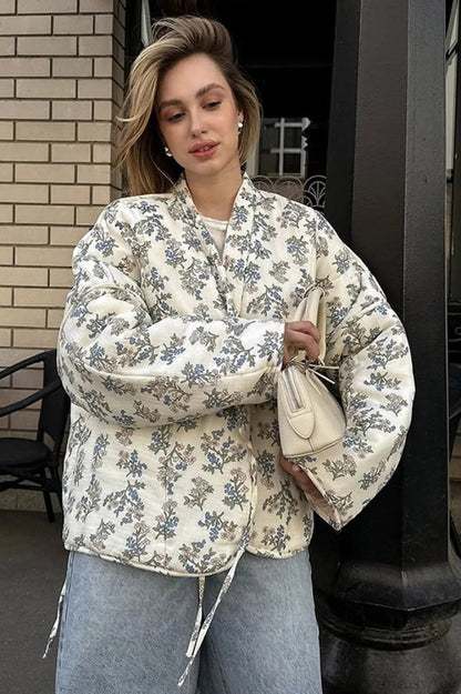 Versatile Printed V-neck Drawstring Padded Coat