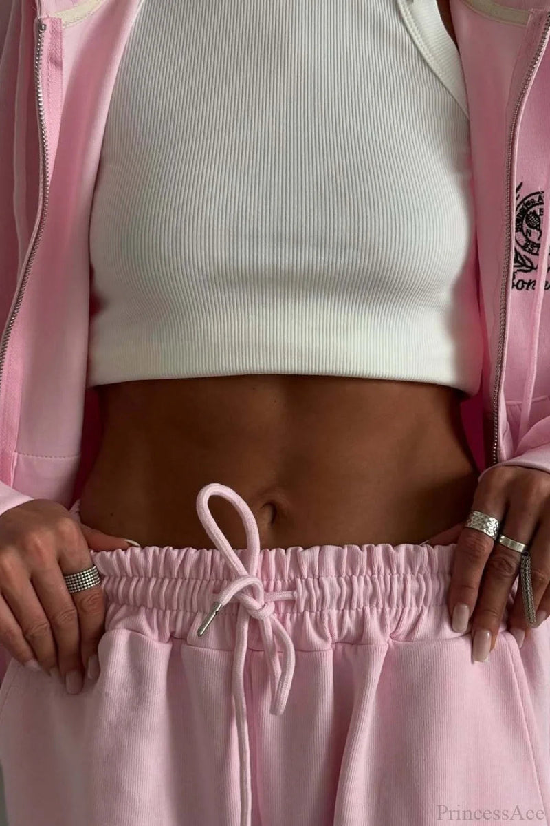 Zip Hooded Embroidered Sweatpants Two Piece Set