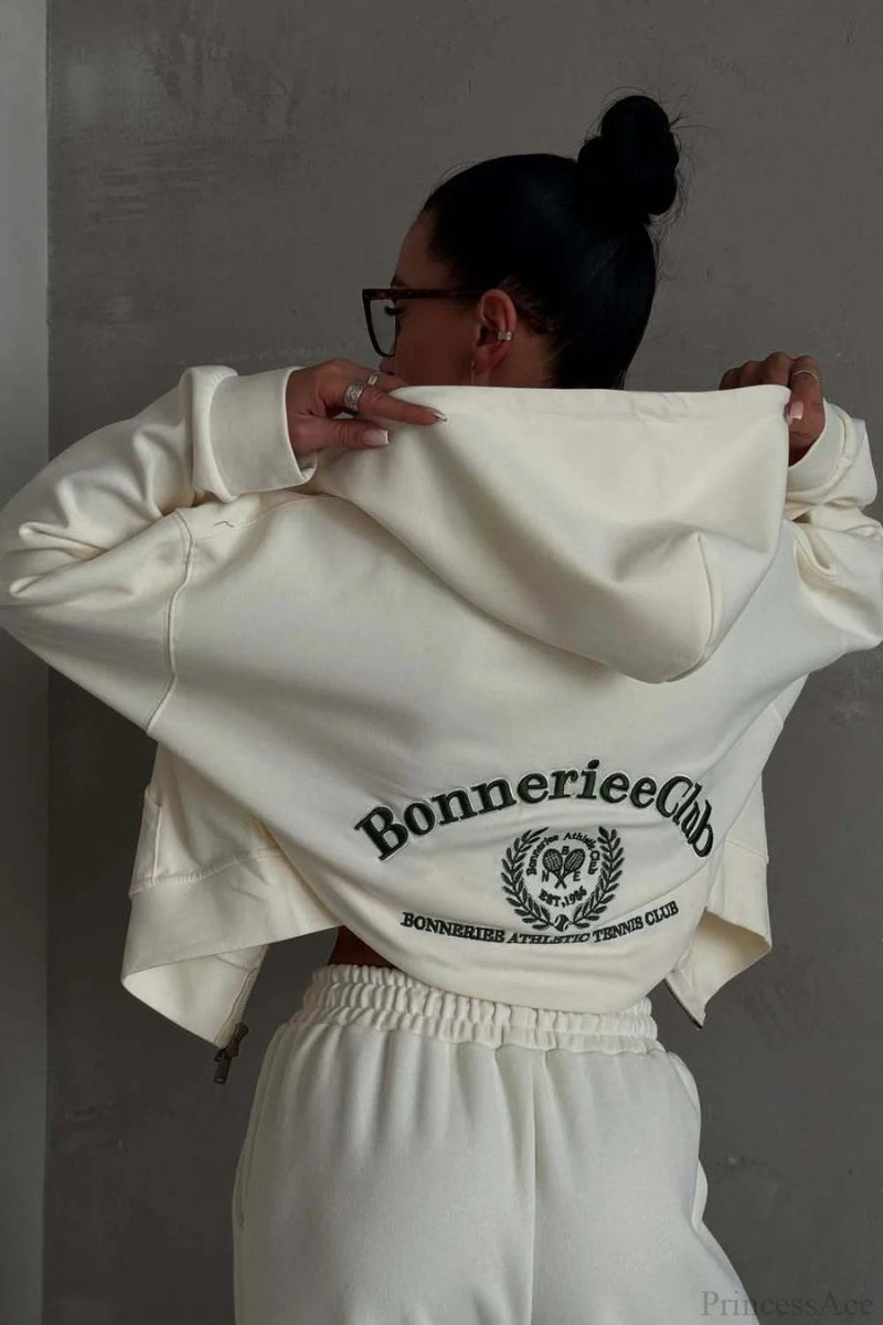 Zip Hooded Embroidered Sweatpants Two Piece Set