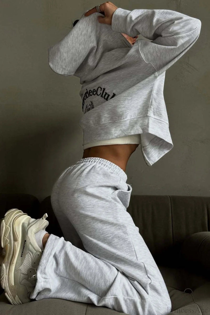 Zip Hooded Embroidered Sweatpants Two Piece Set