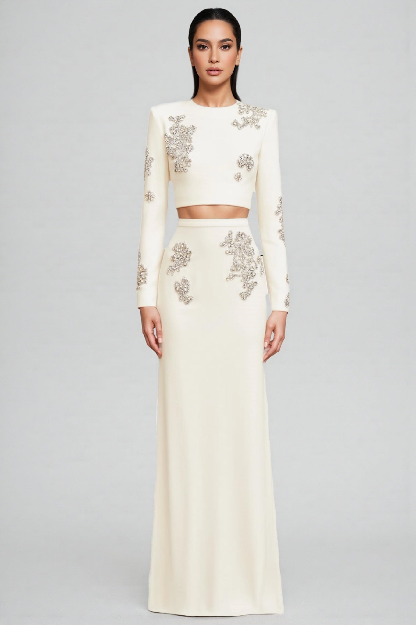 Sebast White Diamond-studded Maxi Dress Set