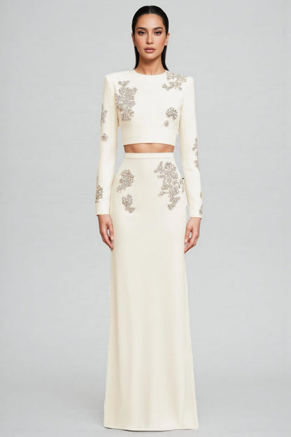 Sebast White Diamond-studded Maxi Dress Set