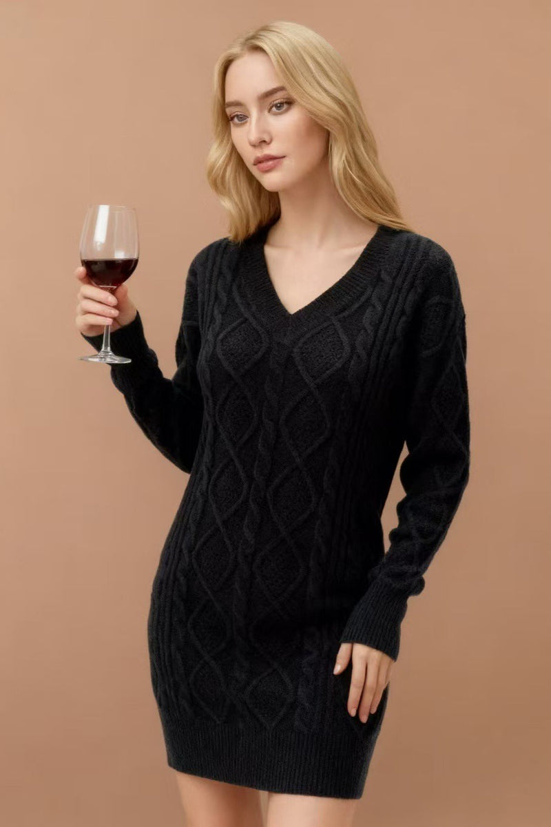 V-neck Cable Knit Sweater Dress