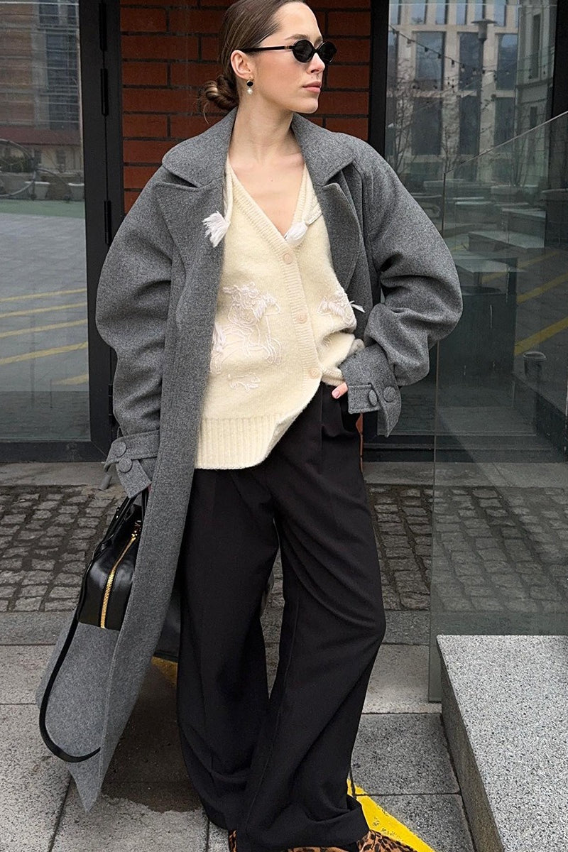 Longline Wool Blend Tie Waist Loose Overcoat